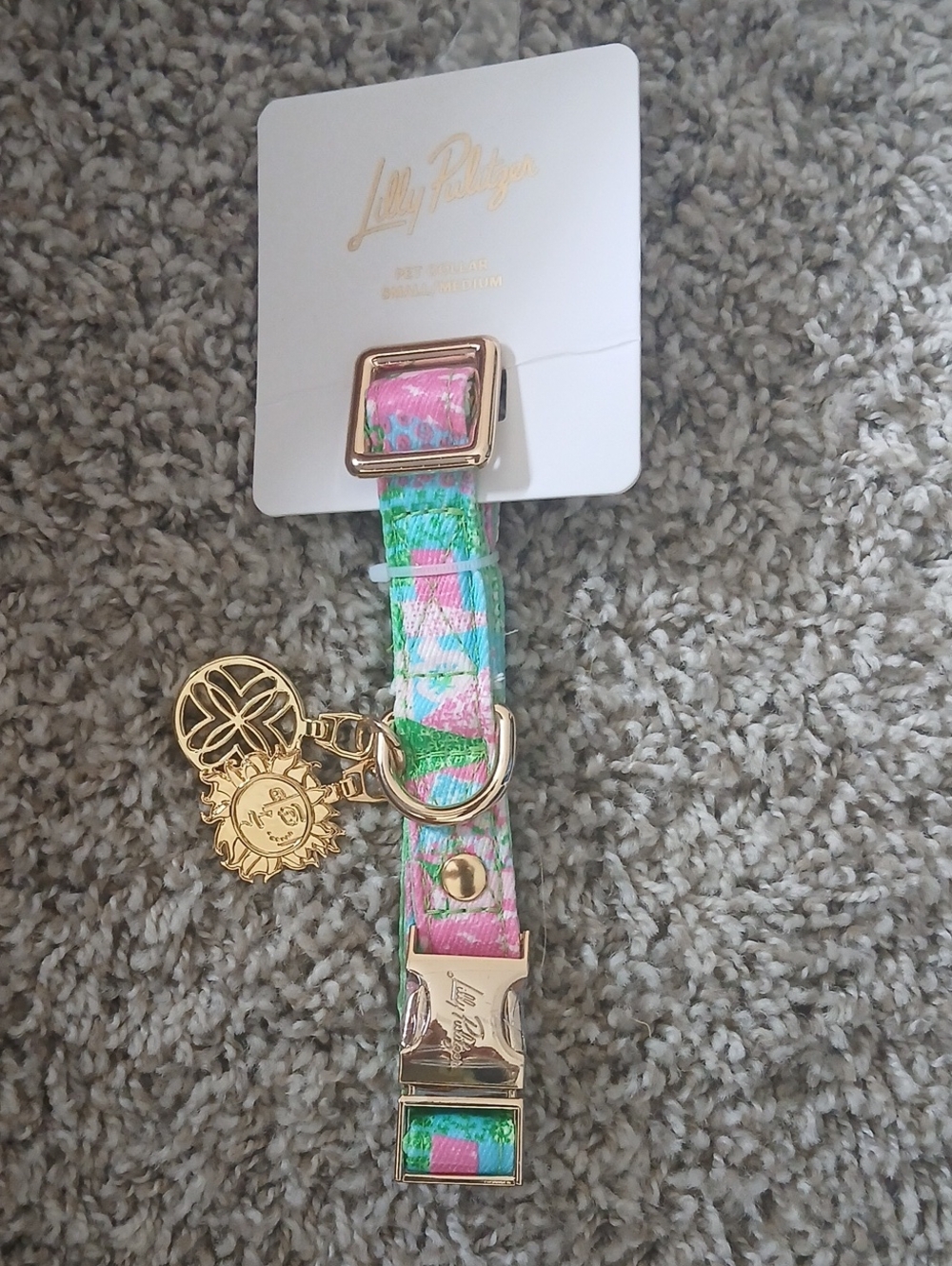 Lilly Pulitzer Pink & Green Patterned Pet Collar with Gold Accents
